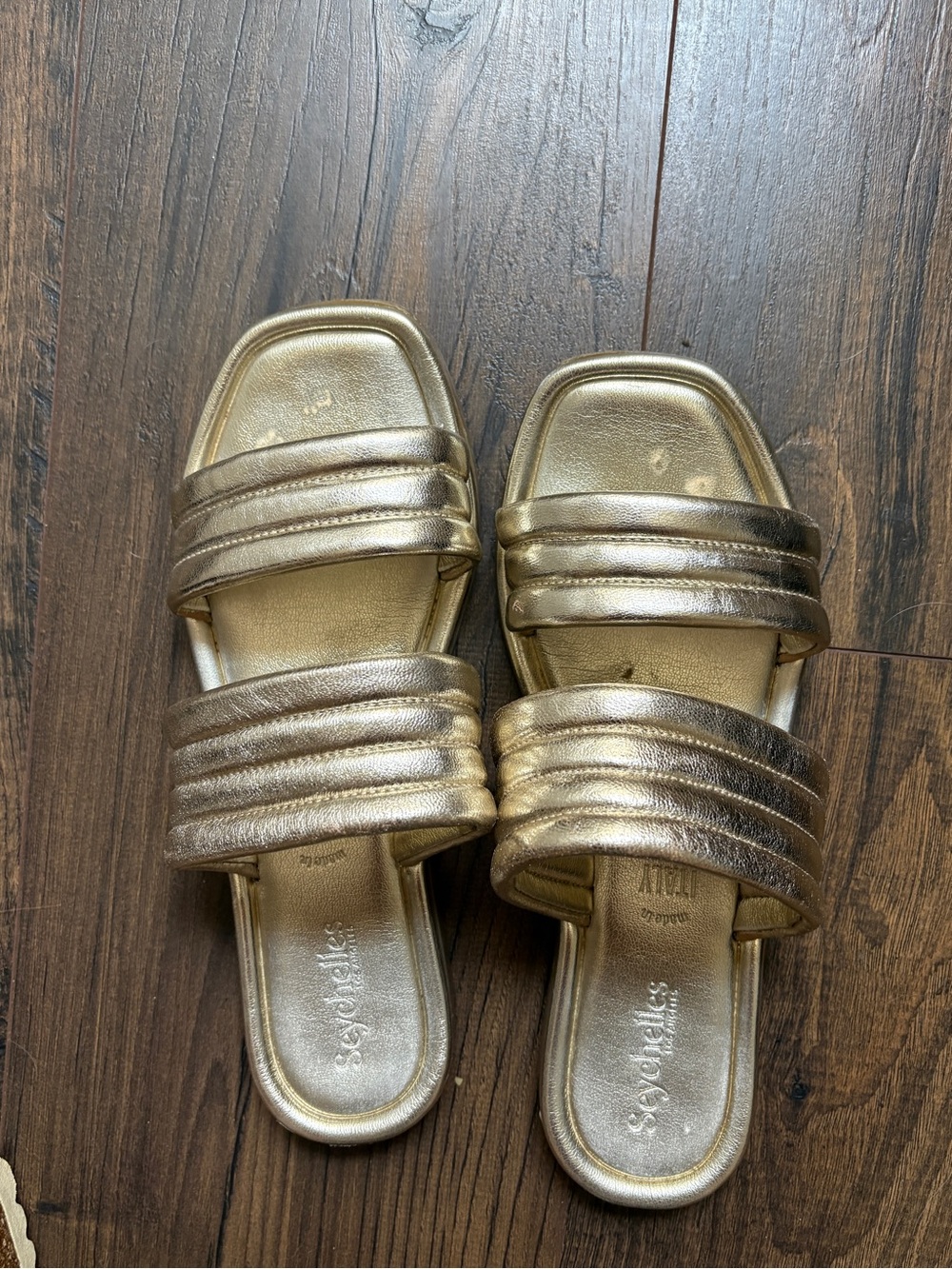 Seychelles Metallic Gold Quilted Double-Strap Slide Mules